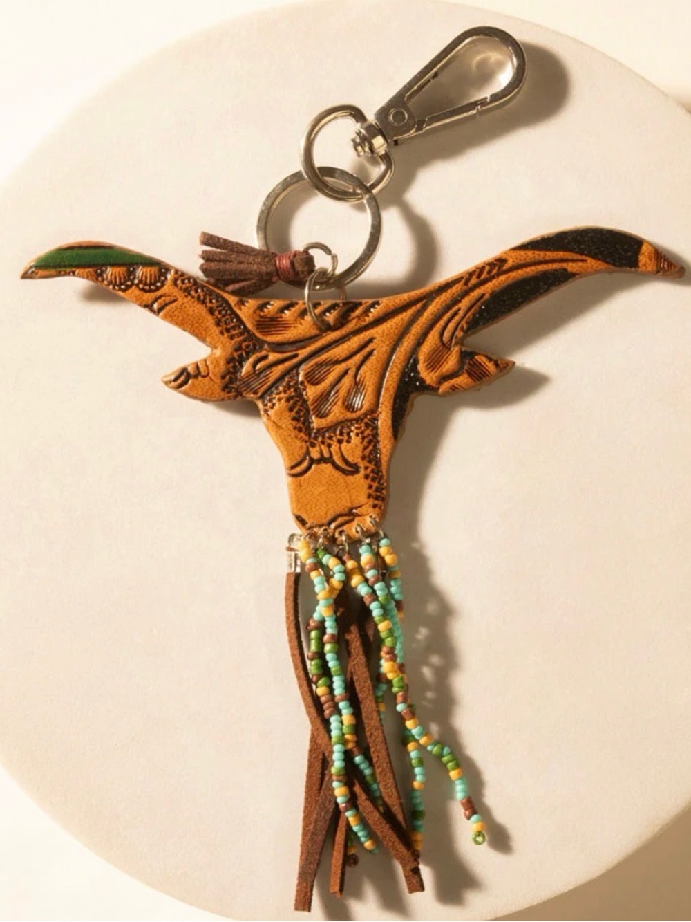 MYRA ARROYO BULL HANDTOOLED LEATHER KEY FOB IN HONEY AQUA BEADED